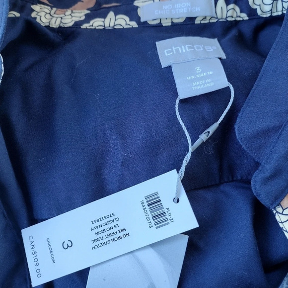 NWT CHICO'S Classic Navy Mix Print Mandarin Collar No Iron Tunic  Size 3/L - Picture 8 of 9
